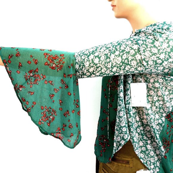 Free People New With Tags Emerald Combo Serena Bell Sleeve Top - Picture 4 of 6